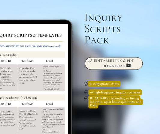 Inquiry Script Pack for Realtors — DM + Text + Email Replies (Friendly + Quiet Luxury Tones) | Canva Template